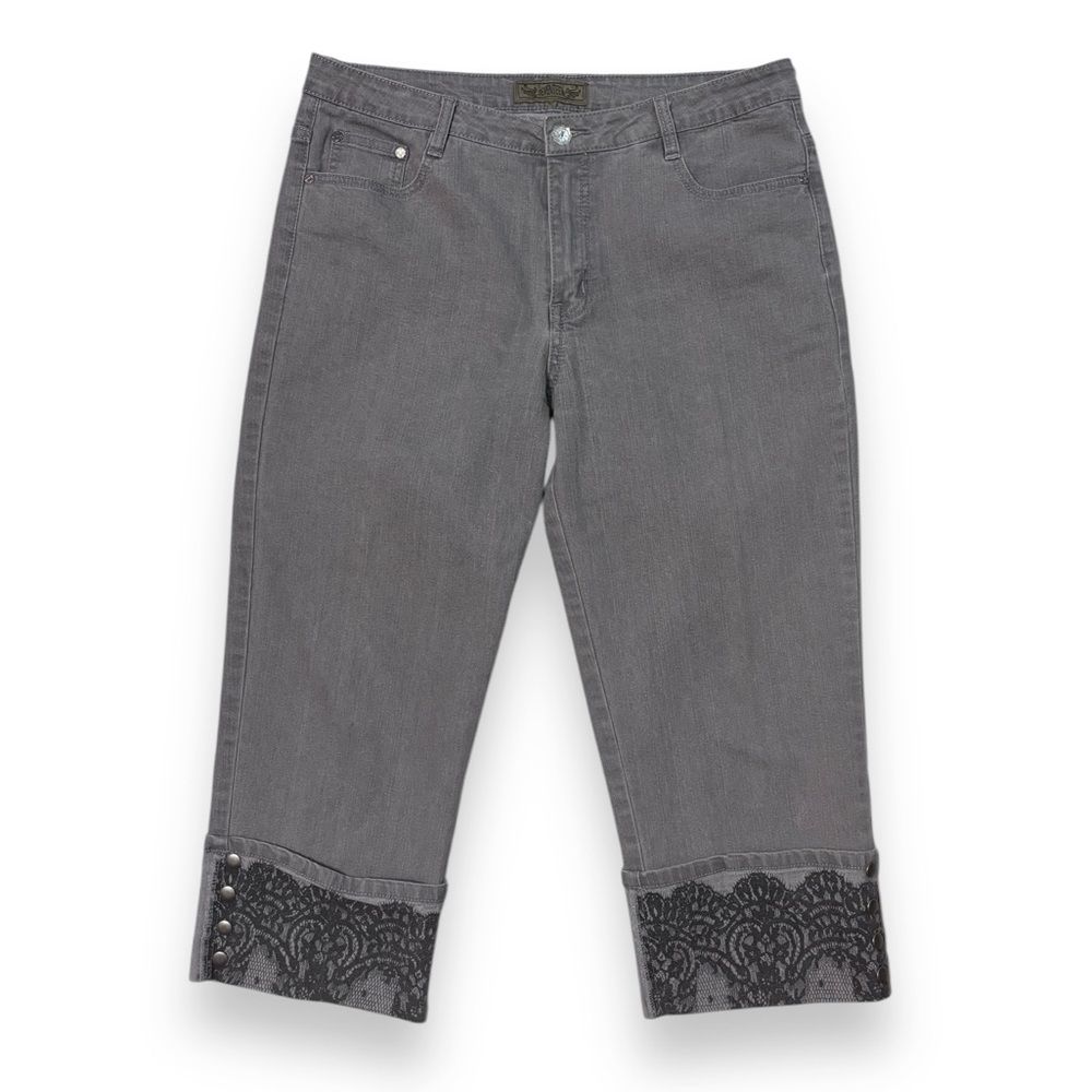 SEVENTEEN Grey Cropped High Waist Denim Jeans with Lace Rivet Detail Cuf…